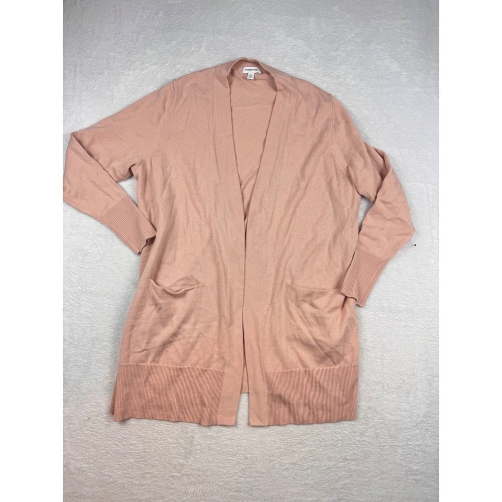 Nordstrom Pink Merino Wool Blend Open Front Longline Cardigan Sweater Large